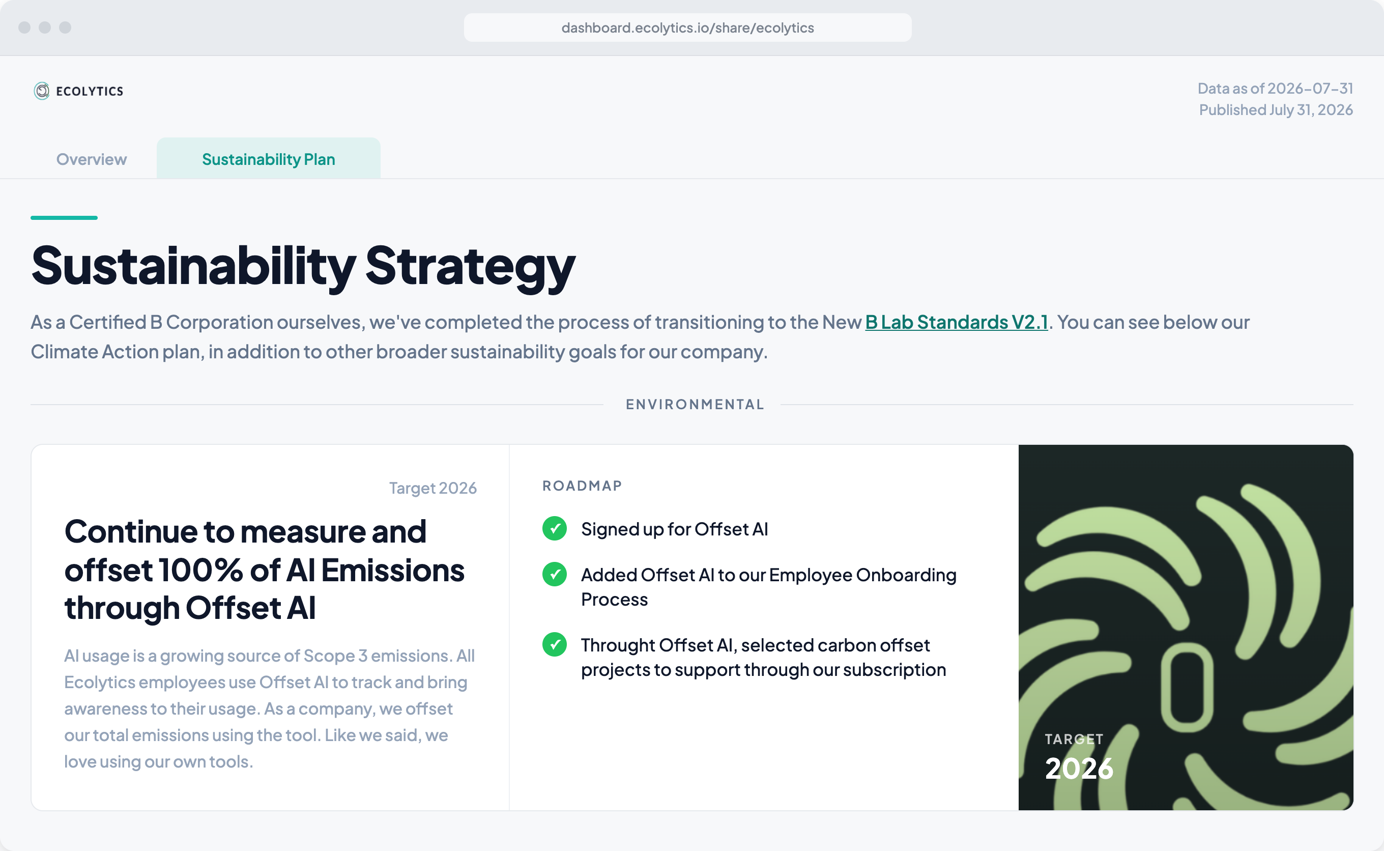 Our sustainability strategy page, showing climate action targets and the roadmap steps completed against them.
