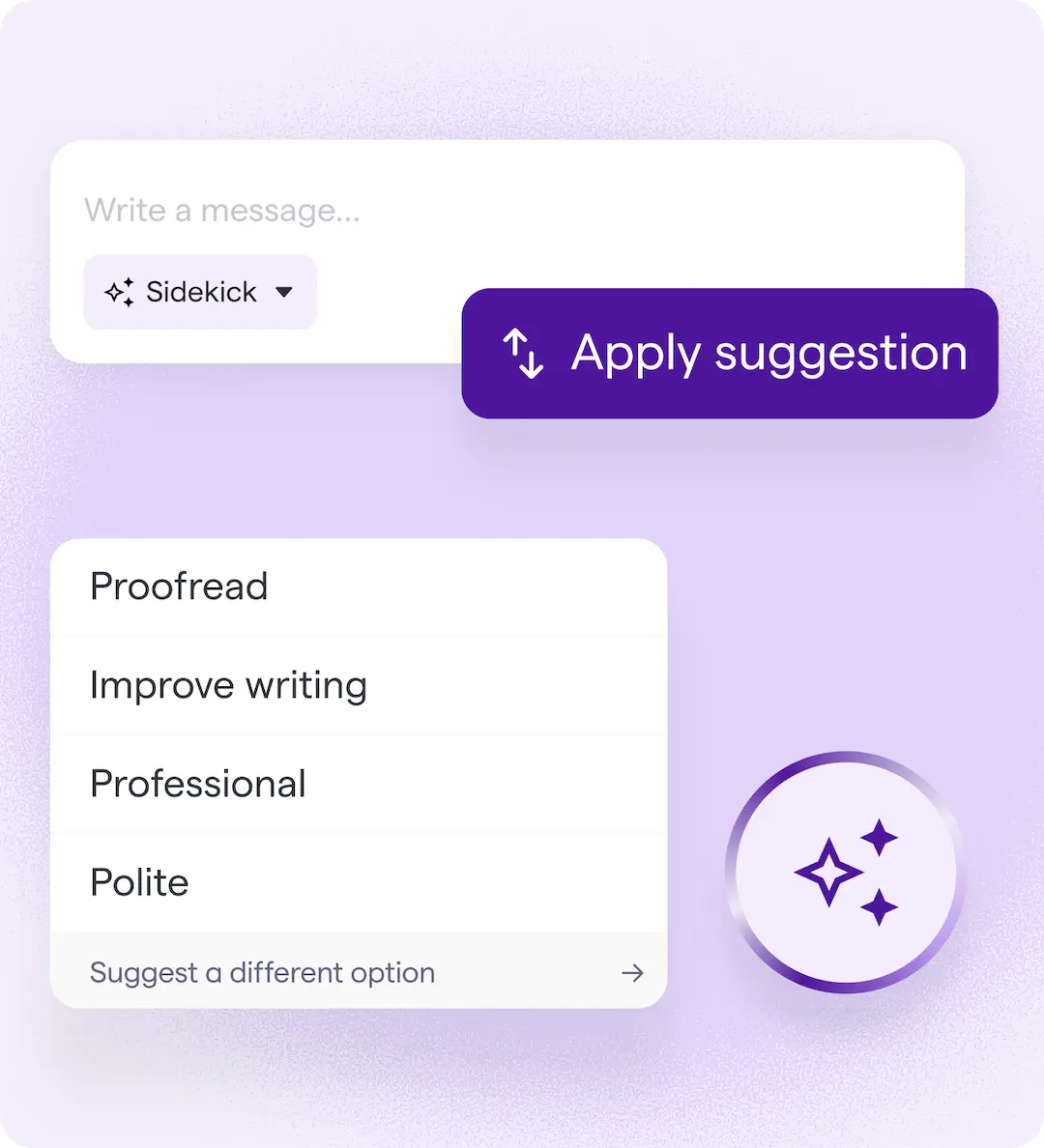 Message input with Sidekick options: Proofread, Improve writing, Professional, Polite and Apply suggestion button.