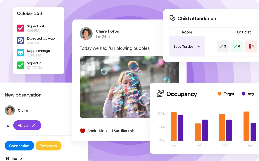 Collage with overlayed UI elements from the Famly app