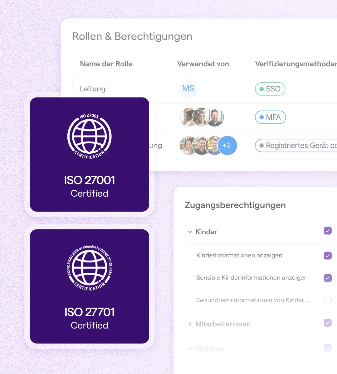 Et sikkerhedsdashboard i pastelllilla, der viser roller, tilladelser, SSO/MFA-verifikation, brugeravatarer og ISO 27001/27701-certificeringsmærker.