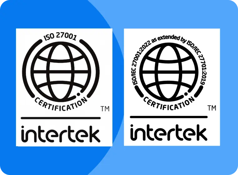 Two "Intertek Certification" logos with globes, one labeled "ISO/IEC 27001:2022" and the other "ISO 27001," on a blue gradient background.