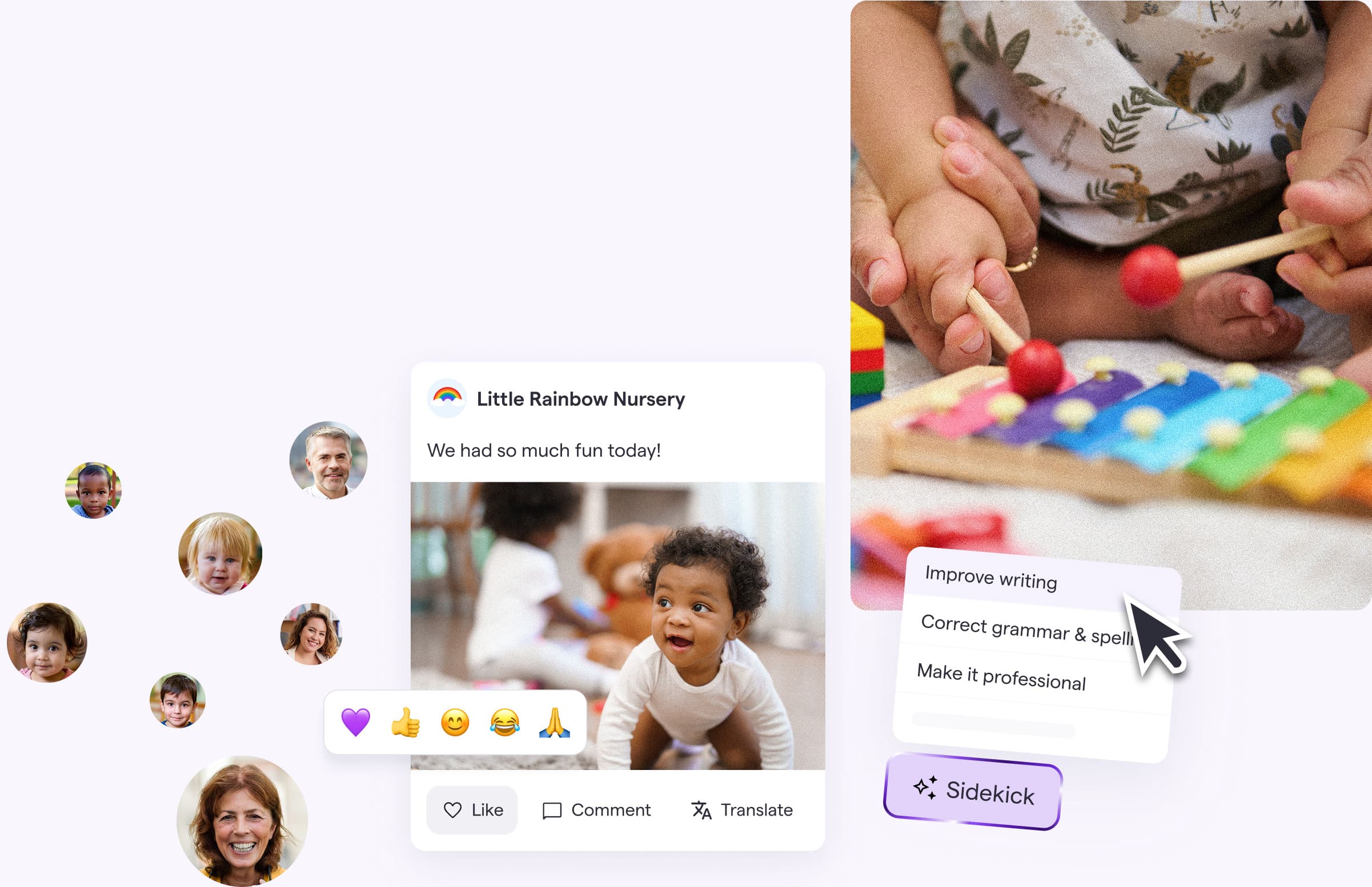 A collage of children's faces, a photo of a smiling child, hands playing with a colorful xylophone, and an interface showing grammar improvement options
