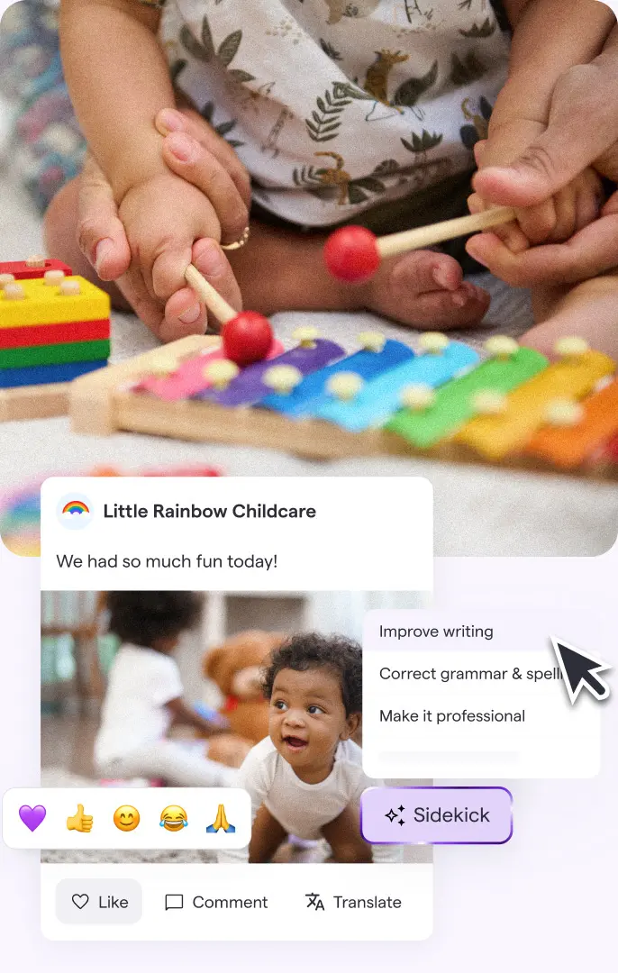 A collage of a smiling child, hands playing with a colorful xylophone, and an interface showing grammar improvement options