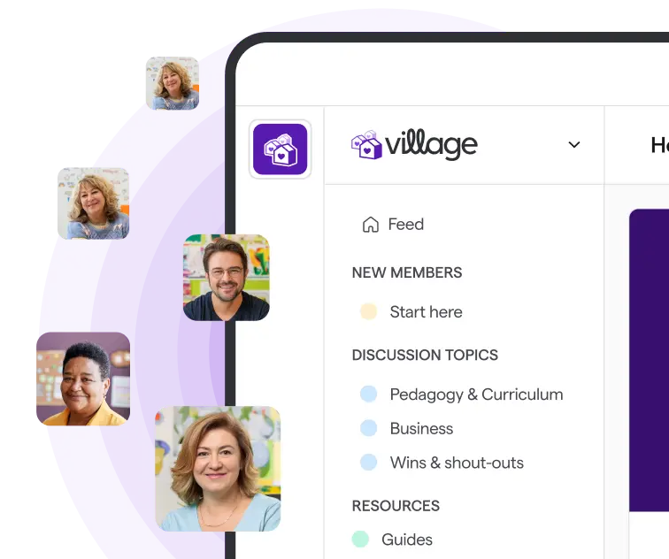 A digital interface labeled "village" shows a sidebar with options like "New Members" and "Discussion Topics." Profile pictures of diverse people surround the interface.