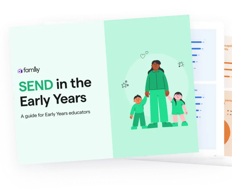 Front cover of a guide titled SEND in the Early Years by Famly. It features an illustration of a teacher with two children, conveying a caring and inclusive atmosphere
