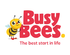 Busy Bees logo with the text written in red with a cartoon bee on the left
