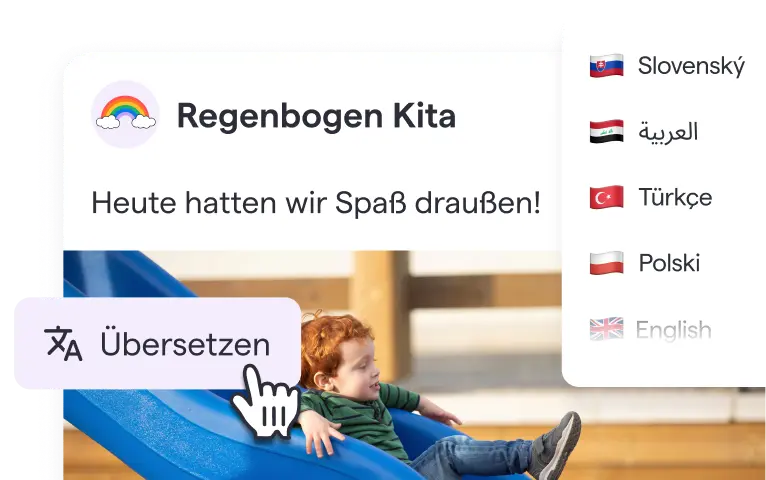 Child with red hair sliding down a blue playground slide, with overlay text in German about having fun outside and a translation menu showing multiple languages.