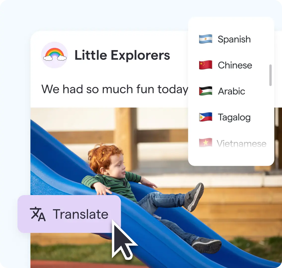 A playful child with red hair slides down a blue slide, while a digital overlay shows 'Little Explorers' with translation options for languages including Spanish, Chinese, and Arabic. A fun, inclusive tone is conveyed.