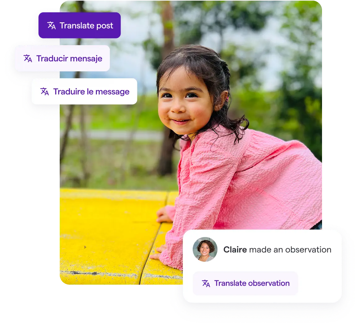 A young girl in a pink jacket smiles while playing on a yellow surface outdoors. Translation options and a user observation overlay the image.