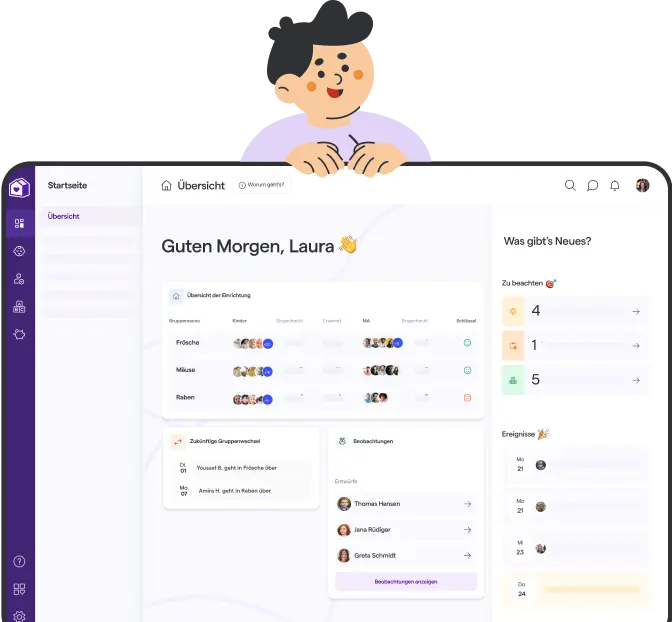 Startseite der Kita Software mit digitaler Übersicht der Gruppen, Anwesenheit und Verwaltung der Kinder in der Kita App.