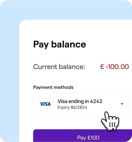 Online payment screen showing a negative balance of £100.00. A Visa card ending in 4242 is selected, with a cursor hovering over "Pay £100."