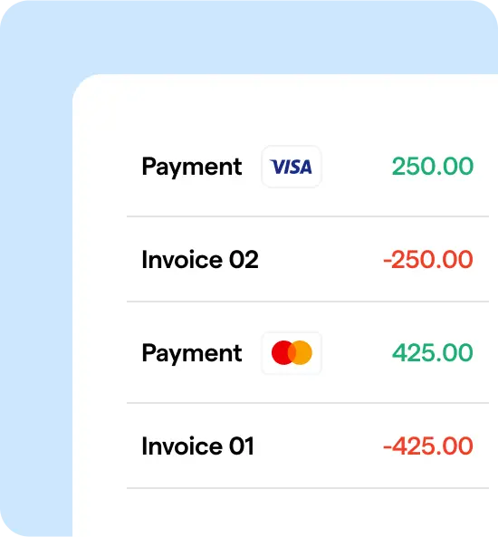 Financial summary on a light blue background showing "Payment" with Visa and Mastercard logos, amounts in green, and "Invoice" entries in red, indicating balances.