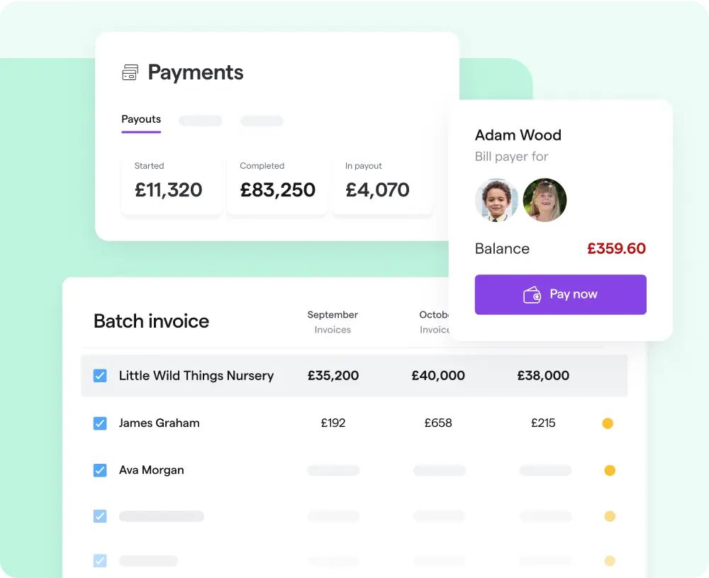 Dashboard showing payment details and batch invoices. Top section includes payouts: £11,320 started, £83,250 completed. Right shows balance of £359.60 with “Pay now” button.