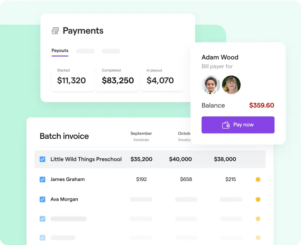 Dashboard showing payment details and batch invoices. Top section includes payouts: $11,320 started, $83,250 completed. Right shows balance of $359.60 with “Pay now” button.