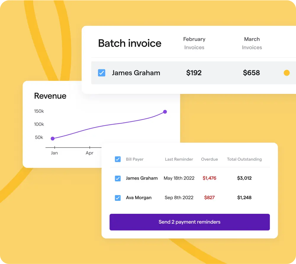 Alt text: "Yellow-themed financial dashboard showing a revenue growth chart from January to April, and batch invoice details for February and March. There’s a payment reminder section listing two payers, with a button to send reminders."