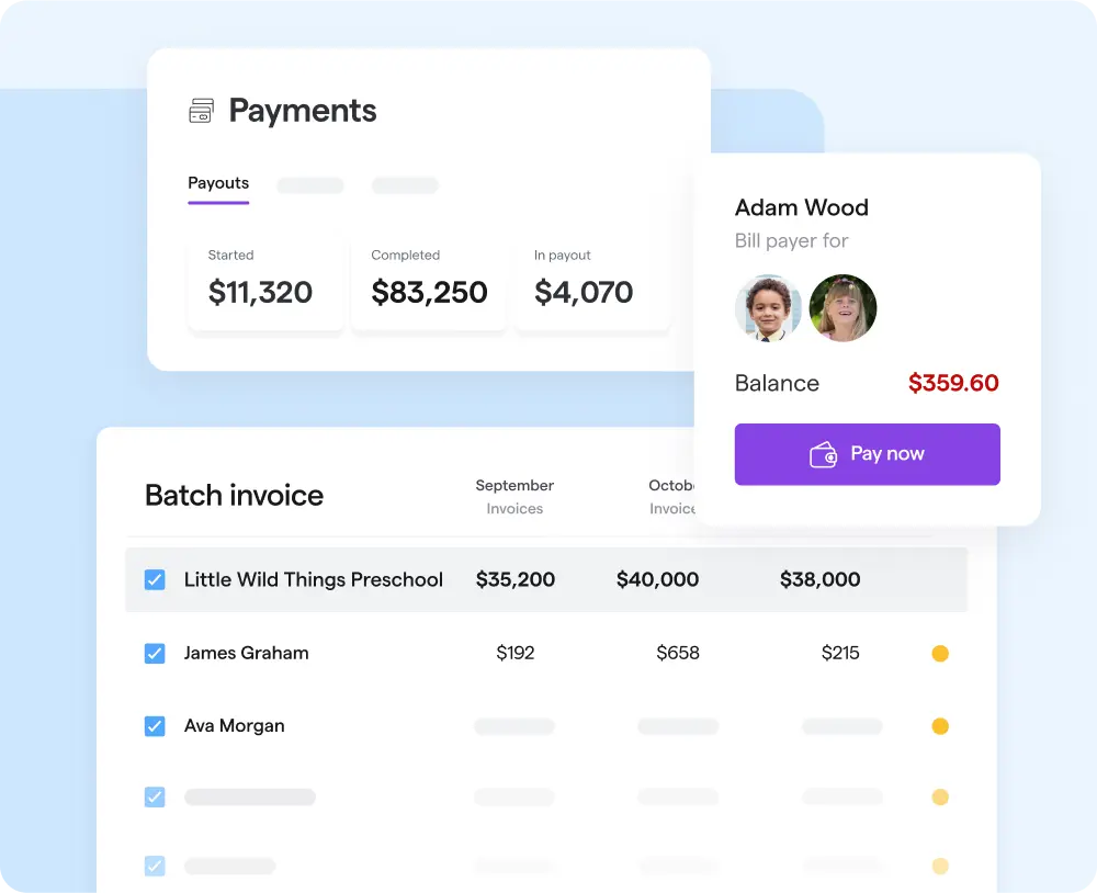 Alt text: "Financial dashboard showing payments and batch invoices. A 'Payouts' section lists amounts started, completed, and in payout. A user profile card with 'Adam Wood' indicates a balance of $359.60, with a 'Pay now' button. A batch invoice lists entities with amounts for different months."