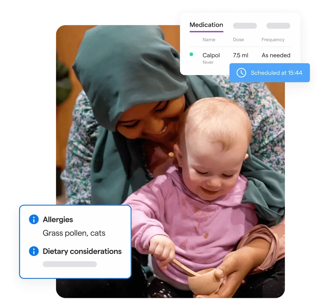 A woman in a teal hijab lovingly holds a smiling baby in pink. Overlays show medication info and allergies to grass pollen and cats, conveying care.
