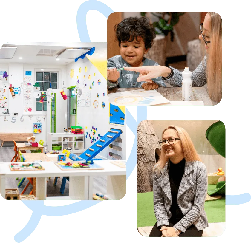 A bright, colorful classroom with art supplies and learning materials. A joyful child and teacher paint together. A smiling woman sits by a playground slide.