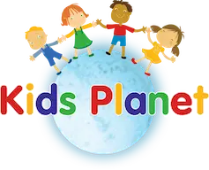 Illustrated children hold hands atop a glowing blue planet, above colorful "Kids Planet" text, evoking joy and unity