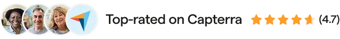 Four smiling faces and Capterra logo next to "Top-rated on Capterra" with a 4.7 out of 5-star rating, implying positive reviews and trust.