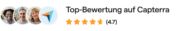 Vier lächelnde Gesichter und das Capterra-Logo neben der Aufschrift „Top-bewertet auf Capterra“ mit einer Bewertung von 4,7 von 5 Sternen, was auf positive Bewertungen und Vertrauen hindeutet.
