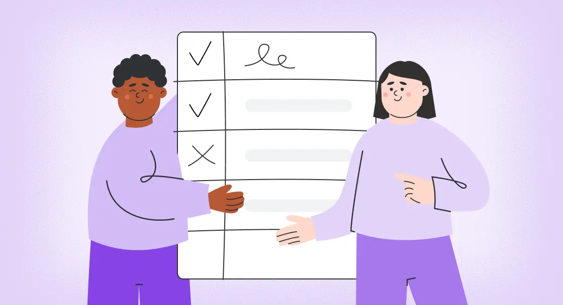 Zwei illustrierte Figuren stehen neben einer großen Checkliste vor einem violetten Hintergrund. Eine Figur lächelt, während die andere auf die Checkliste zeigt, was Teamarbeit vermittelt.