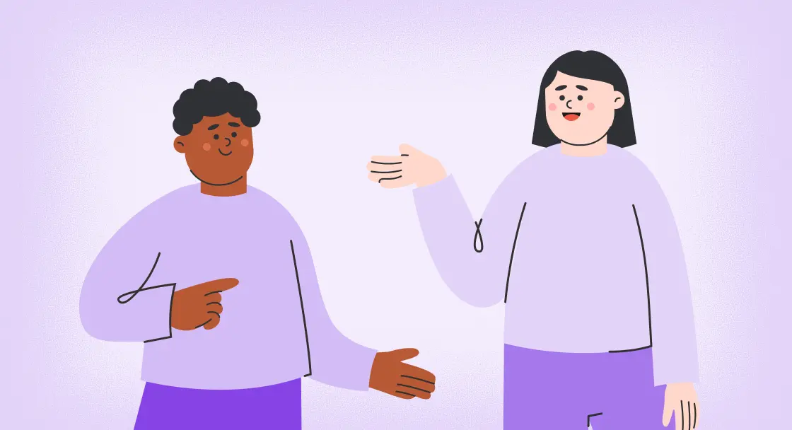 Illustration von zwei Personen in lila Kleidung. Die eine macht eine Geste mit der offenen Hand, während die andere zur Seite zeigt. Der helllila Hintergrund vermittelt eine freundliche Stimmung.