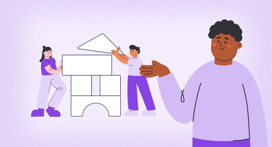 Illustration von drei Personen, die mit geometrischen Bausteinen ein Bauwerk errichten. Die Szene wirkt verspielt und gemeinschaftlich und ist vor einem hellvioletten Hintergrund dargestellt.