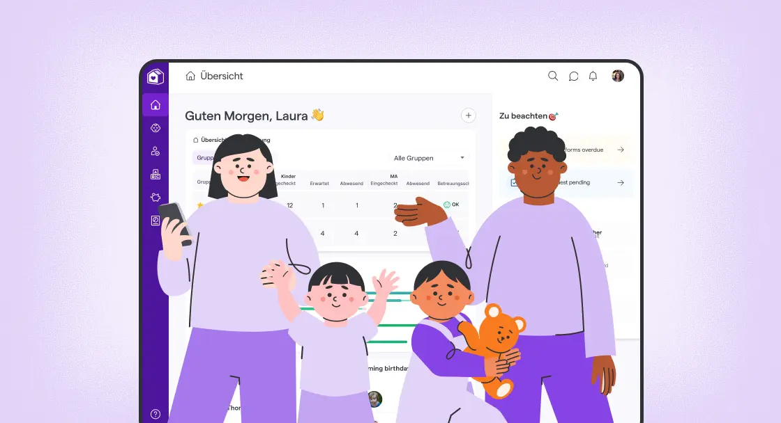 Eine vierköpfige Familie lächelt vor einem Tablet, auf dem ein Dashboard in deutscher Sprache zu sehen ist. Die Szene strahlt Wärme und digitale Interaktion aus.