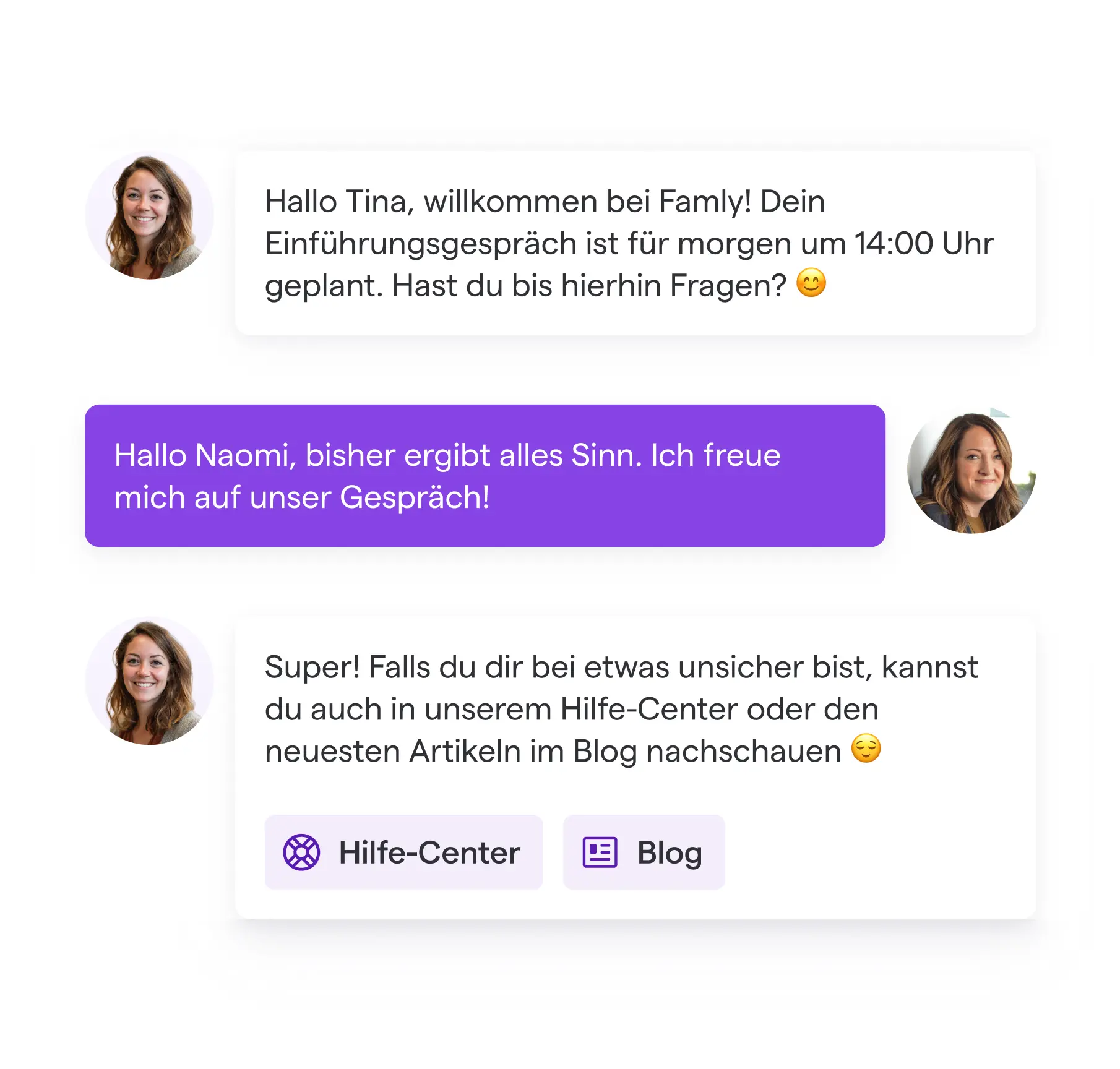 Chat-Oberfläche mit zwei Frauen auf Profilbildern, die Nachrichten austauschen. Enthält eine Willkommensnachricht, eine Antwort sowie Links zum Hilfe-Center. Warmer, freundlicher Ton.