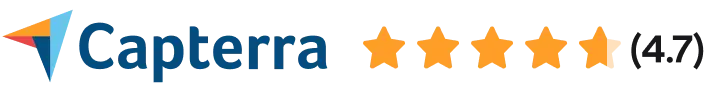 Capterra logo next to a row of five orange stars with a rating of 4.7, indicating high customer satisfaction on a black background.