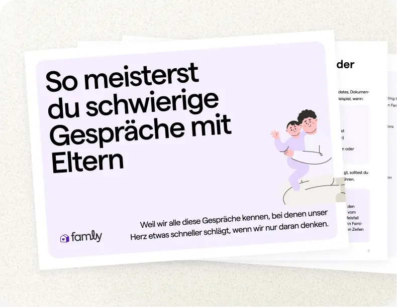 Illustriertes Cover mit dem Titel „So meisterst du schwierige Gespräche mit Eltern“ vor violettem Hintergrund. Es zeigt einen lächelnden Elternteil, der ein Kind im Arm hält und damit Wärme ausstrahlt.