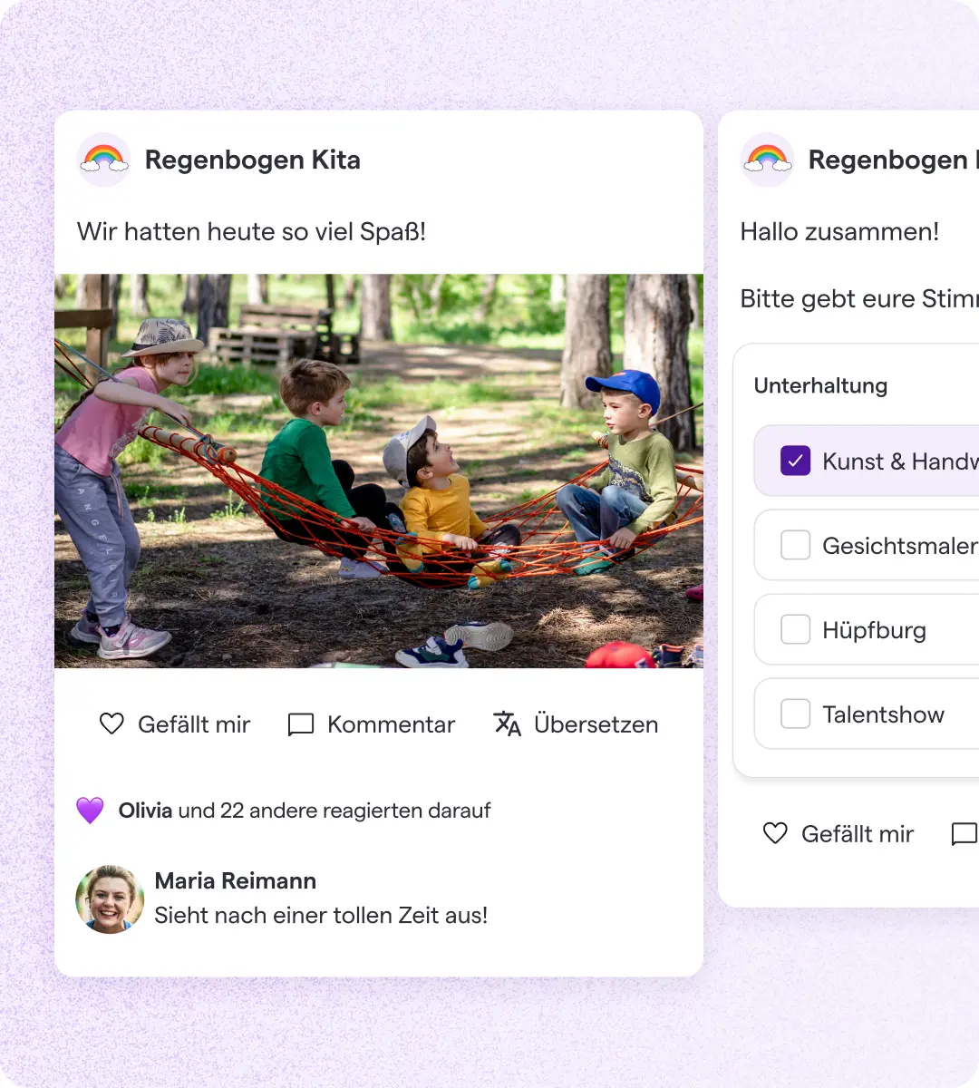 Kinder sitzen in einem Wald auf einer bunten Netzhängematte und spielen miteinander. Die Stimmung ist fröhlich und lebhaft. Auf einem Schild steht: „Wir hatten heute so viel Spaß!“