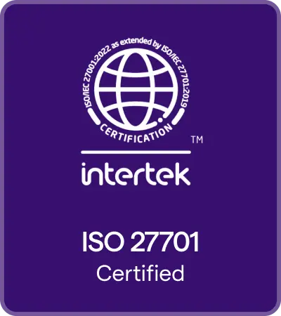 ISO 27701-Zertifizierungssiegel auf violettem Hintergrund mit einem weißen Globus-Symbol