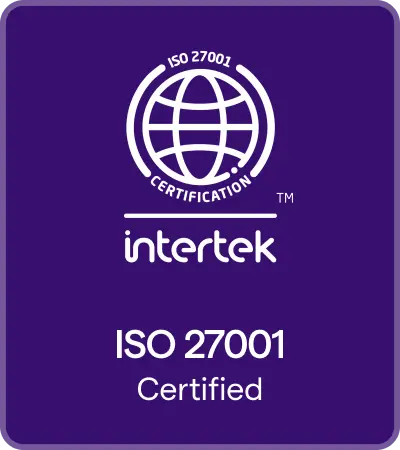 ISO 27001-Zertifizierungssiegel auf violettem Hintergrund mit einem weißen Globus-Symbol