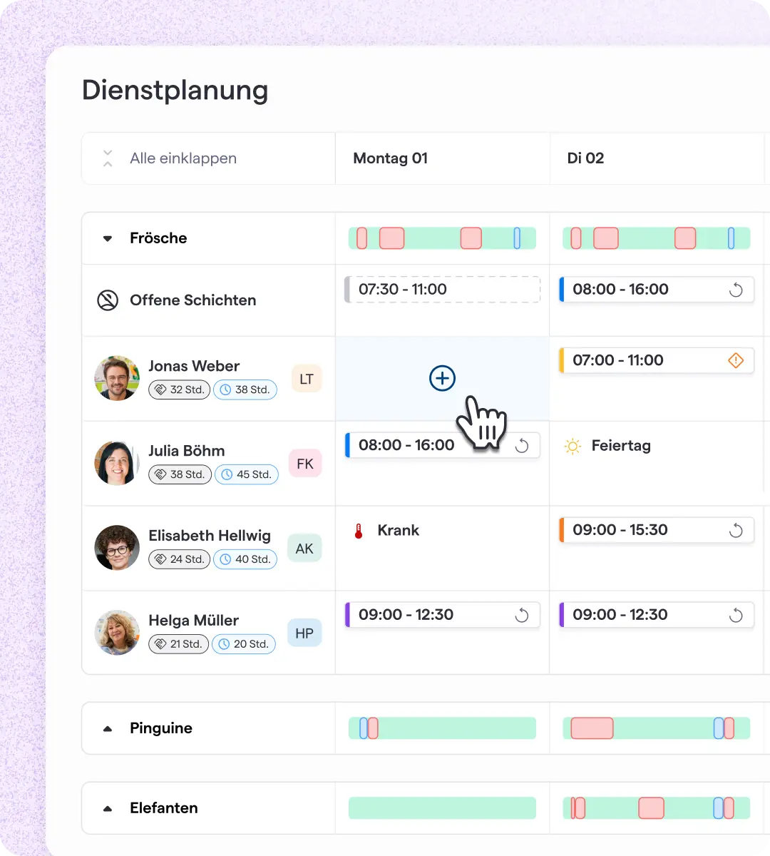 Eine Dienstplan-Oberfläche mit der Bezeichnung „Dienstplanung“, auf der die Mitarbeiter aufgelistet sind. Sie zeigt verschiedene Schichten, einen Cursor über einem Plus-Symbol sowie Symbole für Krankheitsfälle und Urlaubstage.