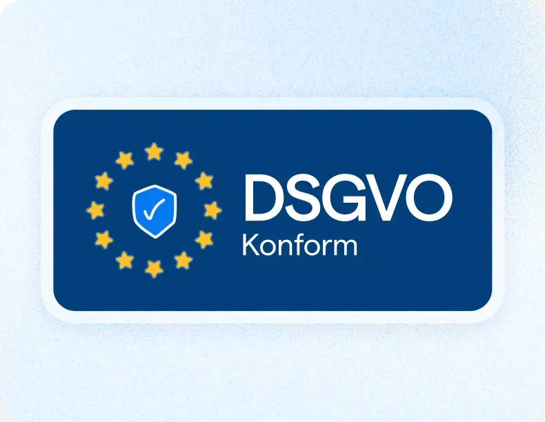 Ein blaues Rechteck mit der Aufschrift „DSGVO-konform“ neben einem Schild mit einem Häkchen. Gelbe Sterne bilden einen Kreis um das Schild und symbolisieren die Einhaltung der EU-Vorschriften.