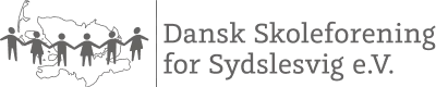 Logo des Vereins „Dansk Skoleforening for Sydslesvig e.V.“, auf dem fünf Personen zu sehen sind, die sich über den Umriss einer Landkarte hinweg an den Händen halten
