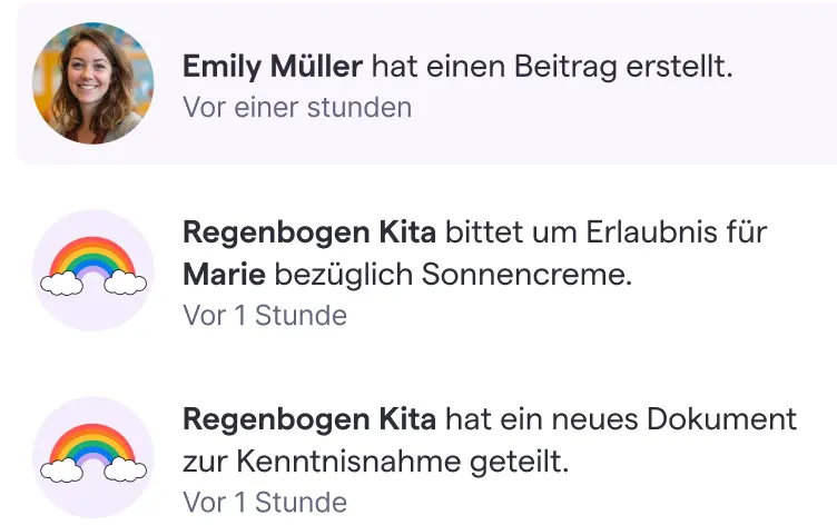 Kind rutscht blaue Rutsche hinunter, Textüberlagerung mit der Aufschrift „Regenbogen Kita“ und „Heute hatten wir Spaß draußen!“ Übersetzungsoptionen werden mit Flaggen angezeigt: Slovenský, العربية, Türkçe, Polski, Englisch.