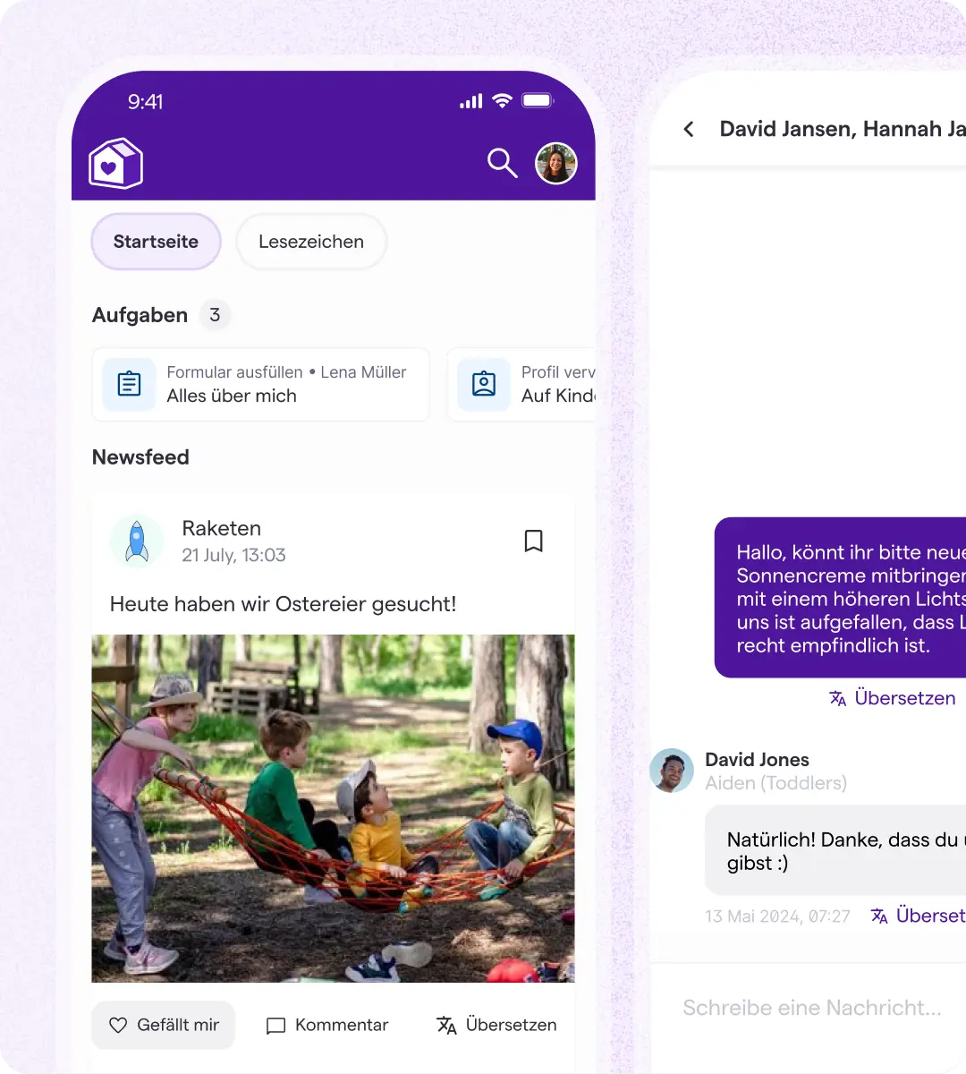 Der Bildschirm der Famly-App zeigt einen Newsfeed mit einem Foto von Kindern, die draußen spielen, sowie ein Chatfenster, in dem es um Sonnencreme geht. Der Ton ist locker und informativ.