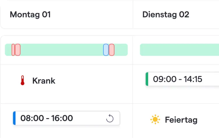 Eine Benachrichtigungsliste zeigt den Status von drei Personen an. Rolf Willi ist nicht mehr krank (Regenbogensymbol, aktualisiert vor 5 Minuten). Emily Müller ist krank (aktualisiert vor 1 Stunde) und Finn Keller hat am Freitag, den 5.9.25, frei (Aktualisierungszeit nicht sichtbar). Ein Cursor zeigt auf Rolfs Status.