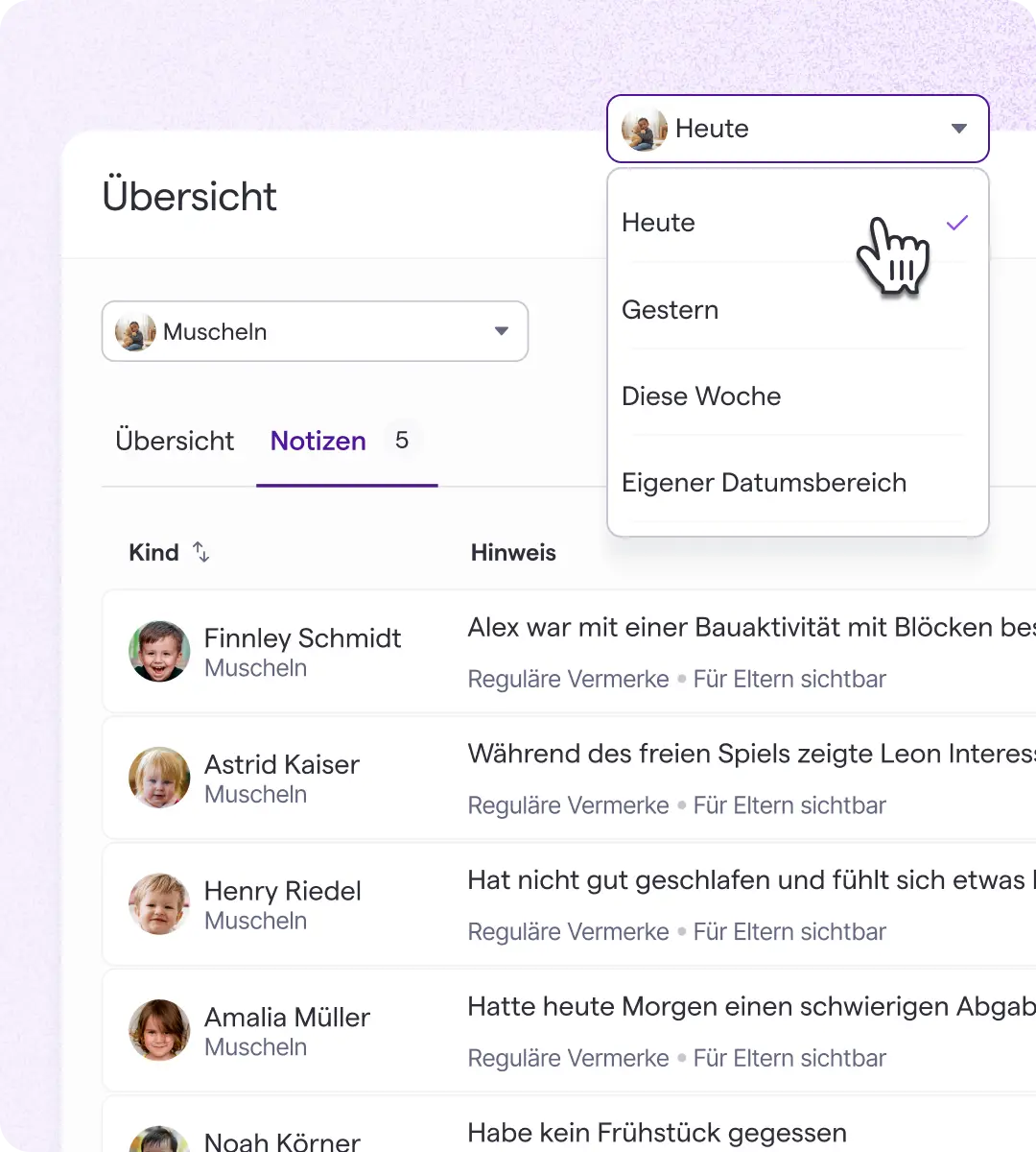 Über einer Notizenliste für Kinder wird ein Dropdown-Menü mit Datumsoptionen angezeigt, in dem Einträge mit Namen und Anmerkungen zu den Aktivitäten zu sehen sind.