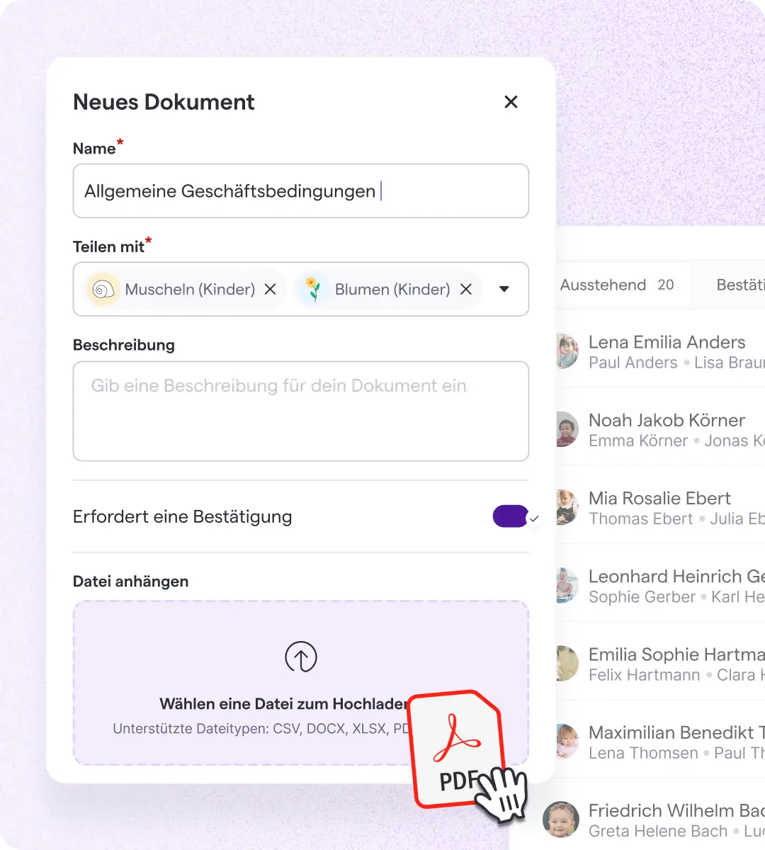 Benutzeroberfläche zum Erstellen eines neuen Dokuments mit Optionen zum Hochladen von Dateien und zum Teilen mit anderen, einschließlich eines Symbols für PDF-Anhänge.
