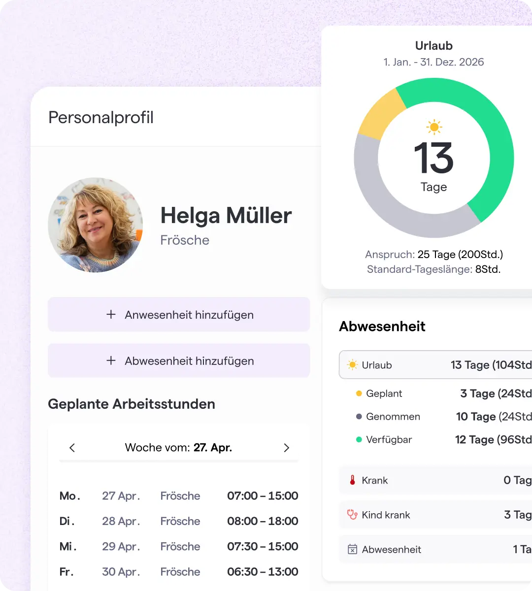 Mitarbeiterprofil mit Angaben zu Urlaubstagen, Arbeitszeiten und Abwesenheiten für Helga Müller, einschließlich geplanter Arbeitsstunden und des aktuellen Urlaubssaldos.