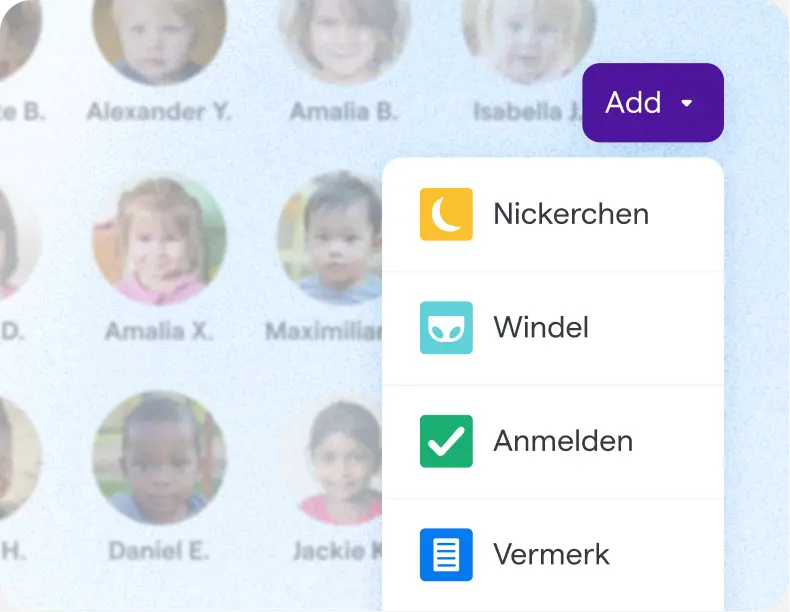 Benutzeroberfläche mit einer Liste der Kinder und Optionen zum Hinzufügen von Aktivitäten wie Mittagsschlaf, Windeln wechseln und Anmelden.