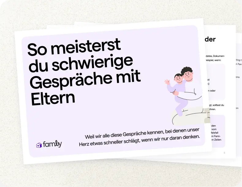 Abbildung eines Elternteils, das ein Kind im Arm hält, mit Erläuterungen dazu, wie man schwierige Gespräche mit Eltern effektiv führt.