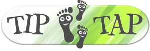 Logo mit den Worten „TIP“ und „TAP“ auf einem grün verlaufenden Hintergrund, dazwischen drei schwarze Fußabdrücke mit lächelnden Gesichtern.