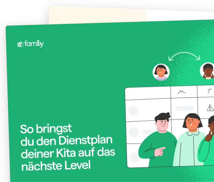 Grüne Werbeillustration für eine Software zur Planung von Kindertagesstätten mit Comic-Figuren des Betreuungspersonals und einer Benutzeroberfläche für die digitale Schichtplanung.