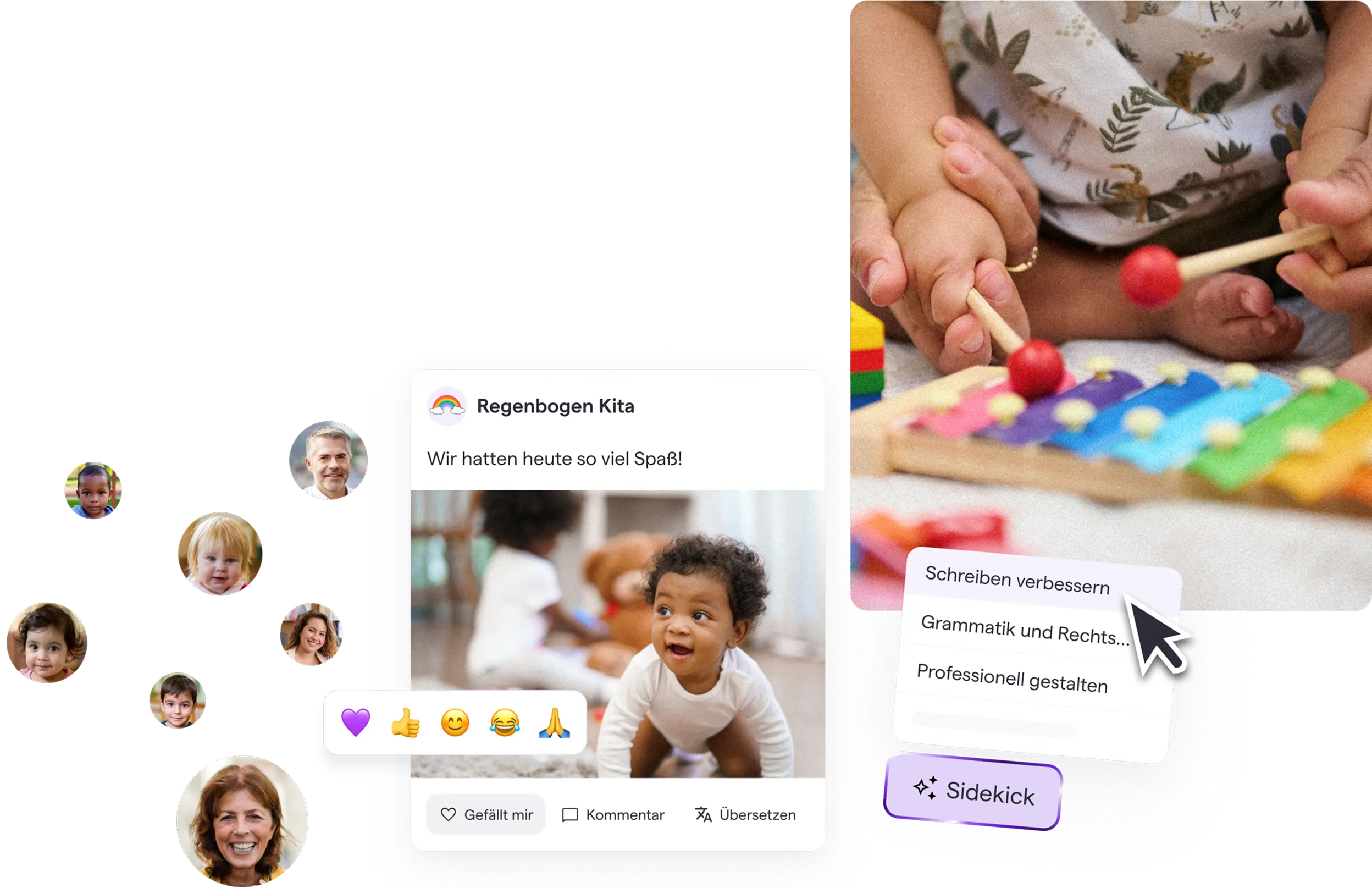Eine Gruppe lächelnder Menschen unterschiedlichen Alters auf der Startseite einer Software zur Verwaltung von Kindertagesstätten mit einer modernen Benutzeroberfläche. Zu den sichtbaren UI-Elementen gehören Navigationsmenüs, Call-to-Action-Schaltflächen, Textfelder und ein übersichtliches Dashboard-Design für die Verwaltung, Kommunikation und Organisation im täglichen Kita-Alltag.