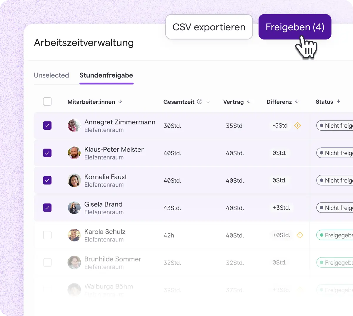 Benutzeroberfläche mit modernem Dashboard und Zeiterfassungsfunktionen. Sichtbare UI-Elemente umfassen Stundenerfassung, Kalenderansichten, Mitarbeiterübersichten, Navigationsmenüs und Tools zur Verwaltung von Arbeitszeiten im Kindergartenalltag.